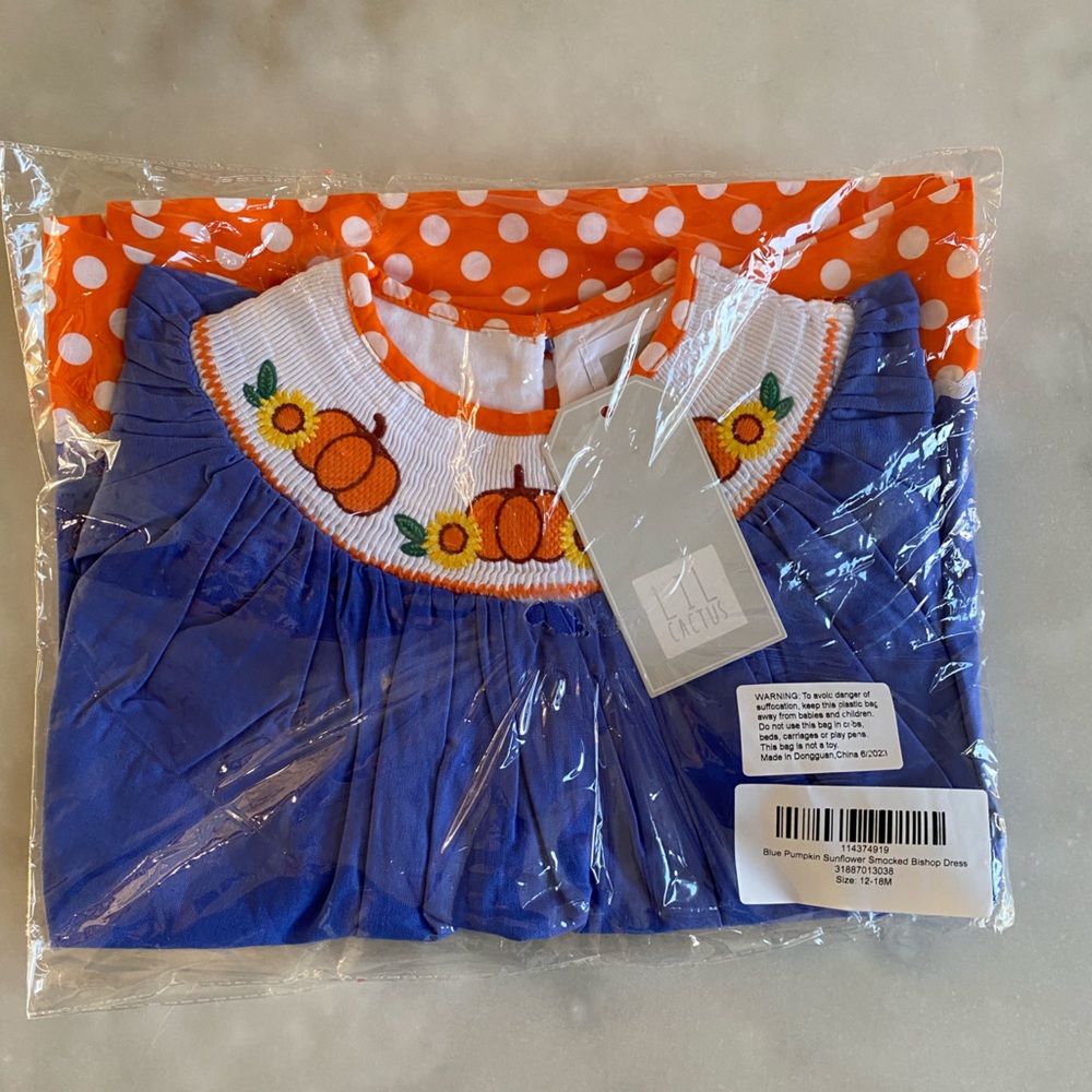 New! Lil Cactus PUMPKIN SUNFLOWER BISHOP SMOCK DRESS baby toddler girl fall - Picture 6 of 9